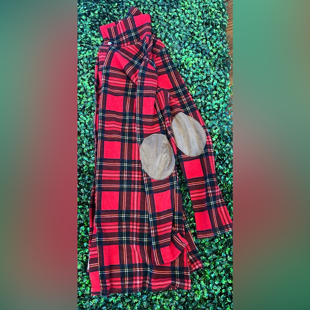 Red Plaid button down tunic with brown suede accents on elbows!